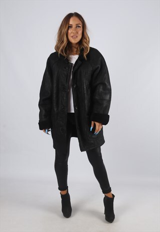 VINTAGE SHEEPSKIN LEATHER SHEARLING COAT SHORT UK 16 (9DA)