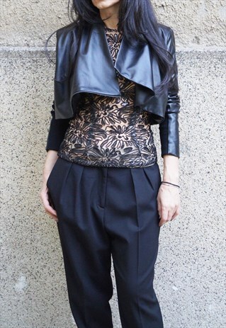 BLACK GENUINE LEATHER JACKET ZIPPER BIKER JACKET F1690