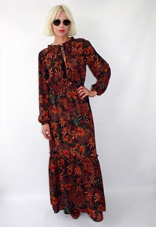 VINTAGE 70'S LONG DRESS WITH BEAUTIFUL FLOWERS HIPPIE STYLE