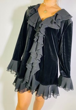 Vintage Size L Velvet Frill Cardigan In Black