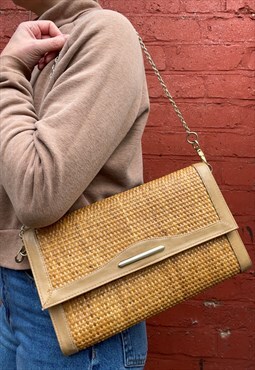 70s Straw & Faux Leather Clutch Bag With Chain Strap