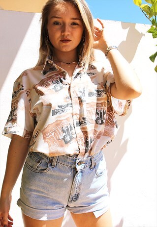 CREAM & BROWN PRINT SHORT SLEEVED BOYFRIEND SHIRT