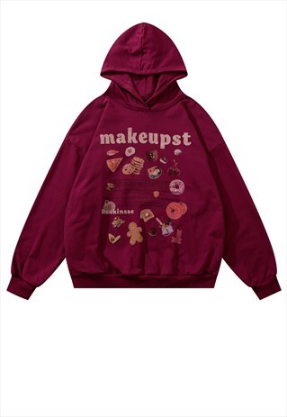 FOOD PRINT HOODIE GRUNGE PULLOVER 90S RAVER TOP IN RED