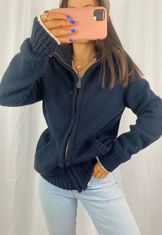 SUPERDRY BLACK HOODED KNIT ZIP UP JUMPER.