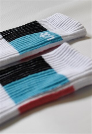 WHITE SPORTS SOCKS WITH LIGHT BLUE, PINK & BLACK STRIPES