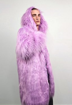 Hooded faux fur coat purple detachable fuzzy Lilac trench