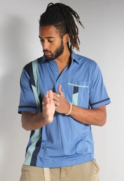 Vintage 80's Mod Isometric Patterned Polo Shirt Blue