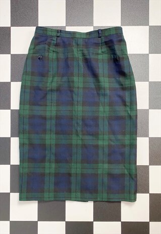 VINTAGE 80S 90S GREEN BLUE TARTAN PENCIL SKIRT