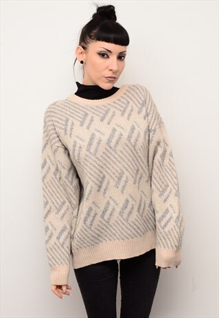 VINTAGE 90'S CREAM INDIE PATTERNED CHUNKY SLOUCHY JUMPER