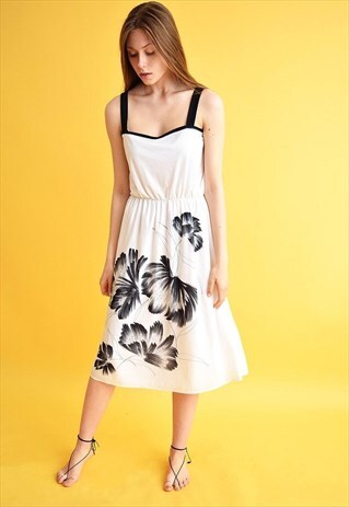 90'S BOHO FLORAL PATTERN HANDPAINTED MIDI ELEGANT DRESS