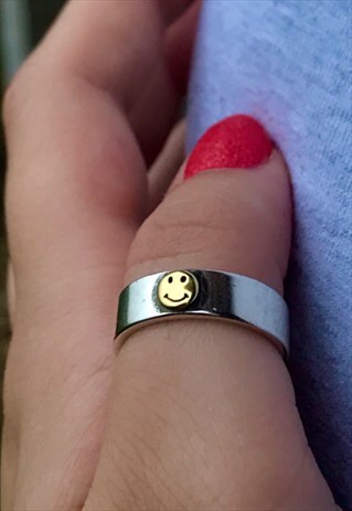 SMILEY FACE SILVER BAND RING ADJUSTABLE
