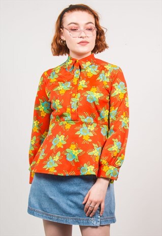 VINTAGE 70'S RED COLOURFUL FLORAL PATTERN LONG SLEEVE BLOUSE