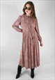 70's Vintage Long Sleeve Pink Pussy Bow Floral Midi Dress