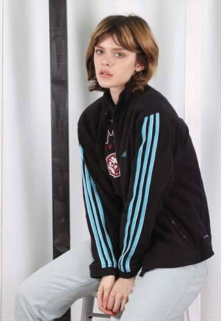 VINTAGE 90S BLACK ADIDAS ZIP UP FLEECE. UNISEX.