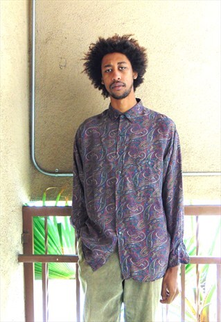 90S CLASSIC LUXURY PAISLEY PATTERN SILK FEEL SHIRT LARGE