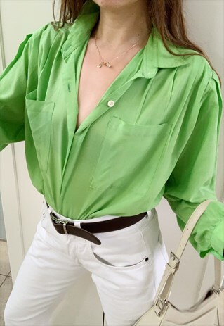 VINTAGE 80S APPLE GREEN SHIRT BLOUSE TOP MINIMALIST MOD