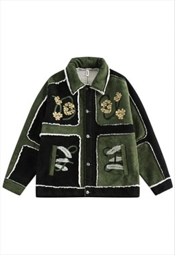 Winter fleece jacket patch utility bomber sherpa coat green