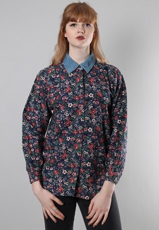 VINTAGE 80S FLORAL PATTERNED FLANNEL DENIM SHIRT
