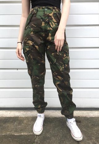 WOMENS VINTAGE FESTIVAL GREEN CAMOUFLAGE HIGH WAIST TROUSERS