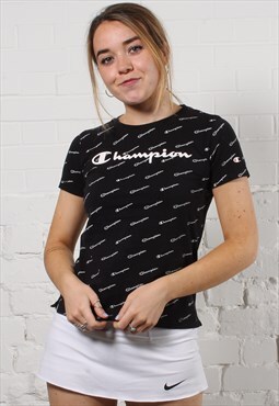 Vintage Champion T-Shirt in Black with Spell Out Logo XS