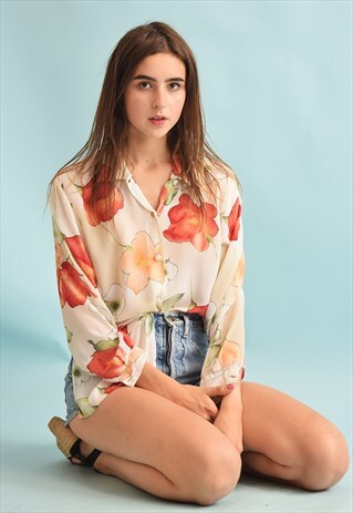 90'S RETRO FLORAL PRINT FESTIVAL SHEER SHIRT TOP