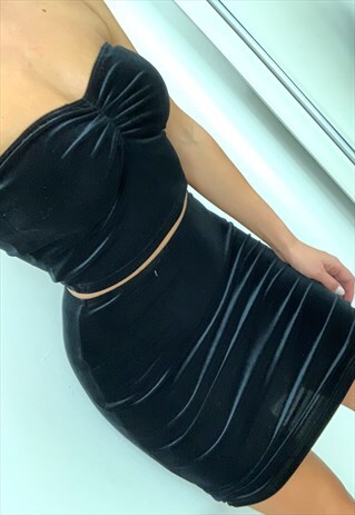 RUCHED BANDEAU & MINI SKIRT CO-ORD IN BLACK VELVET