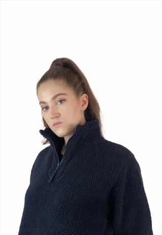WOMENS DARK BLUE FLEECE SHERPA PULLOVER JUMPER FLUFFY TOP