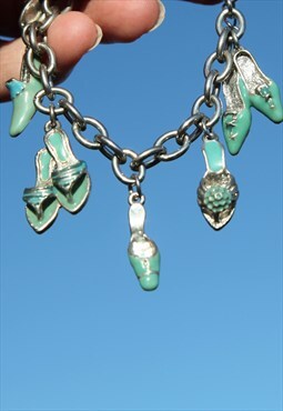 Deadstock silver/teal enamel shoes charm chain bracelet