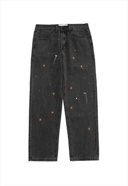 Stars patch jeans straight fit splash denim pants in black