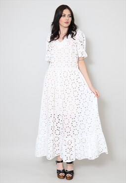 70's Vintage Ladies Dress White Cotton Ruffle Prairie Midi