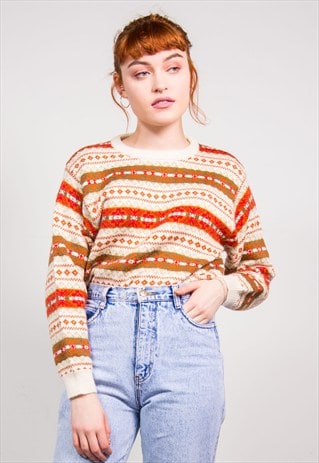 90'S VINTAGE ORANGE GLITTER FAIRISLE PATTERN KNIT JUMPER