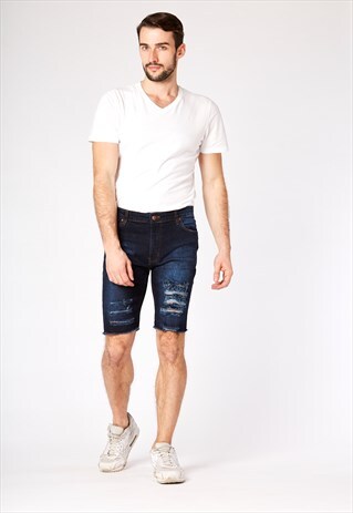 MID BLUE WASH DISTRESSED DENIM SHORTS