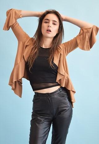 90'S RETRO BOHO FESTIVAL FAUX SUEDE DRAPED OPEN FRONT BLOUSE