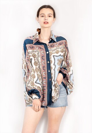 BLUE SCARF PRINT SILKY FEELING OVERSIZE SHIRT