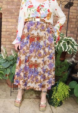 Vintage 90s Brown Cottage Floral Flower Festival Midi Skirt
