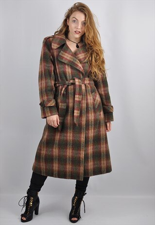 VINTAGE LONGLINE CHECK WOOL WRAP COAT