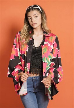 Pink And Black 70s Floral Satin Shirt