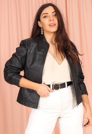 VINTAGE 80S LEATHER BIKER JACKET IN BLACK