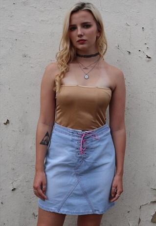 VINTAGE 90S Y2K HIGH WAISTED DENIM MINI SKIRT PINK TIE UP