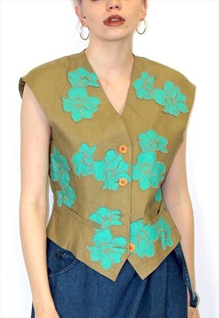 80S VINTAGE KHAKI TEAL FLOWER HIPPY BOHO WAISTCOAT