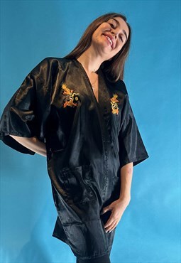 Vintage Silky Black Embroidered Kimono or Robe