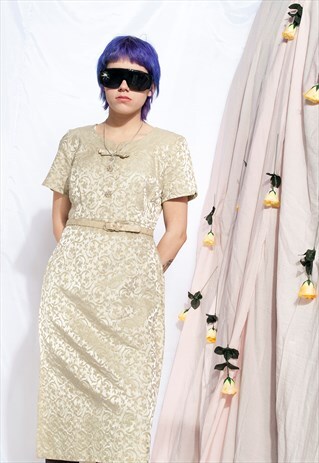 VINTAGE EVENING DRESS 50S BEIGE FLORAL WEDDING DRESS
