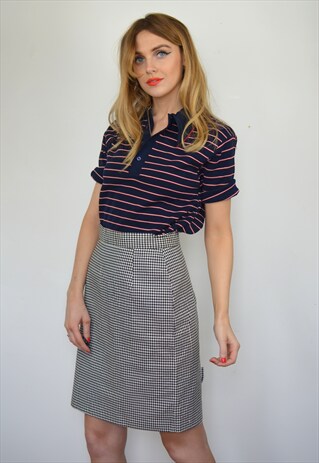 VINTAGE NAVY & RED PINSTRIPE STRIPED MOD KNITTED POLO SHIRT