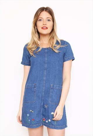VINTAGE 90S BLUE DENIM FLORAL EMBROIDERED MINI DRESS
