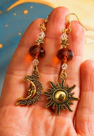 GOLD & AMBER CRYSTAL MISMATCH SUN & MOON EARRINGS