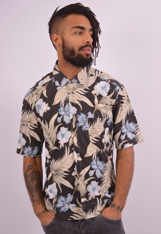 MENS HAWAIIAN SHIRT LARGE BLACK FLORAL VINTAGE