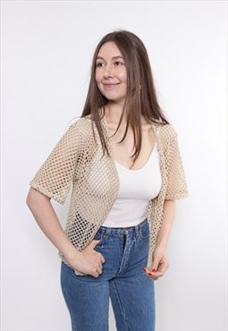 90s beige color grid blouse vintage short sleeve knitted top