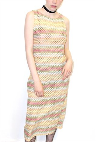 90'S VINTAGE STRIPED CROCHET FESTIVAL BOHO MIDI DRESS