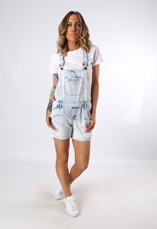 DENIM ACID WASH DUNGAREES SHORTS UK 10 - 12 (CDCM)