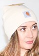 NEW CREAM RIBBED KNIT WIP CARHARTT WOOL LOGO BEANIE HAT